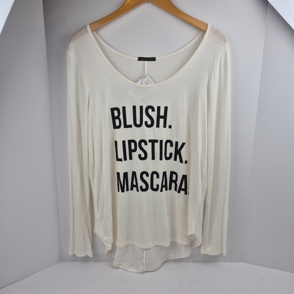 Sweet Claire Womens Blush Lipstick Mascara Graphic Long Sleeve Tee White Size M